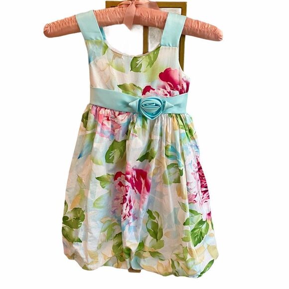 Vintage Girls Dress Floral with Satin Straps Sash - Picture 1 of 6